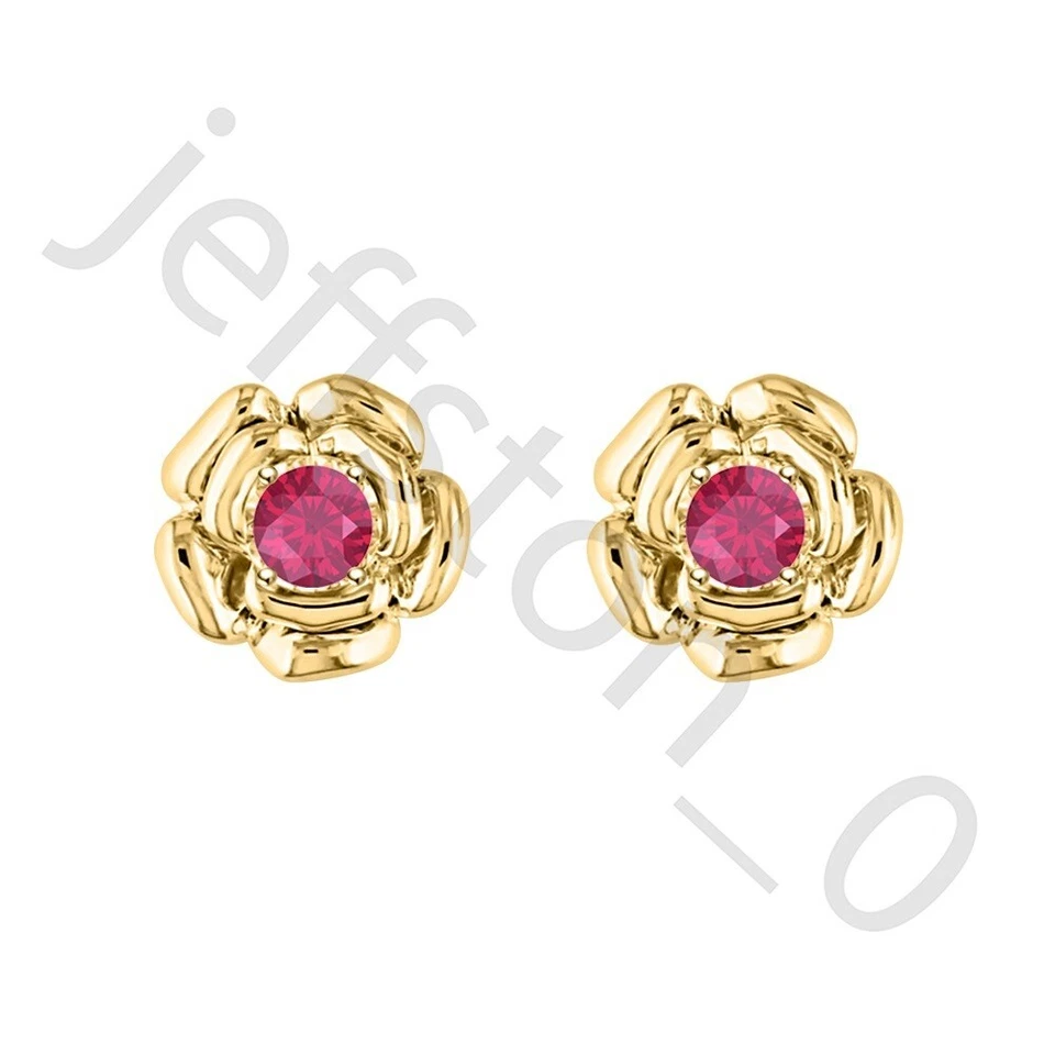 0.16 Ctw Lab Created Ruby 14K Yellow Gold Plated Flower Shaped Stud Earrings - Image 2 of 4