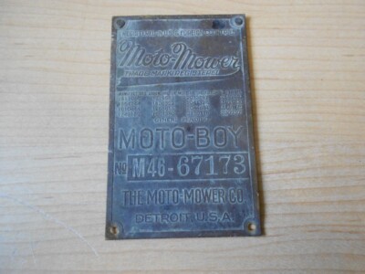 Vintage Moto-Mower Moto-Boy M46-67173 Brass Name Plate Detroit MI RARE