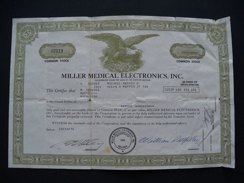 Miller Medical Electronics Inc. Stock Certificate 1976