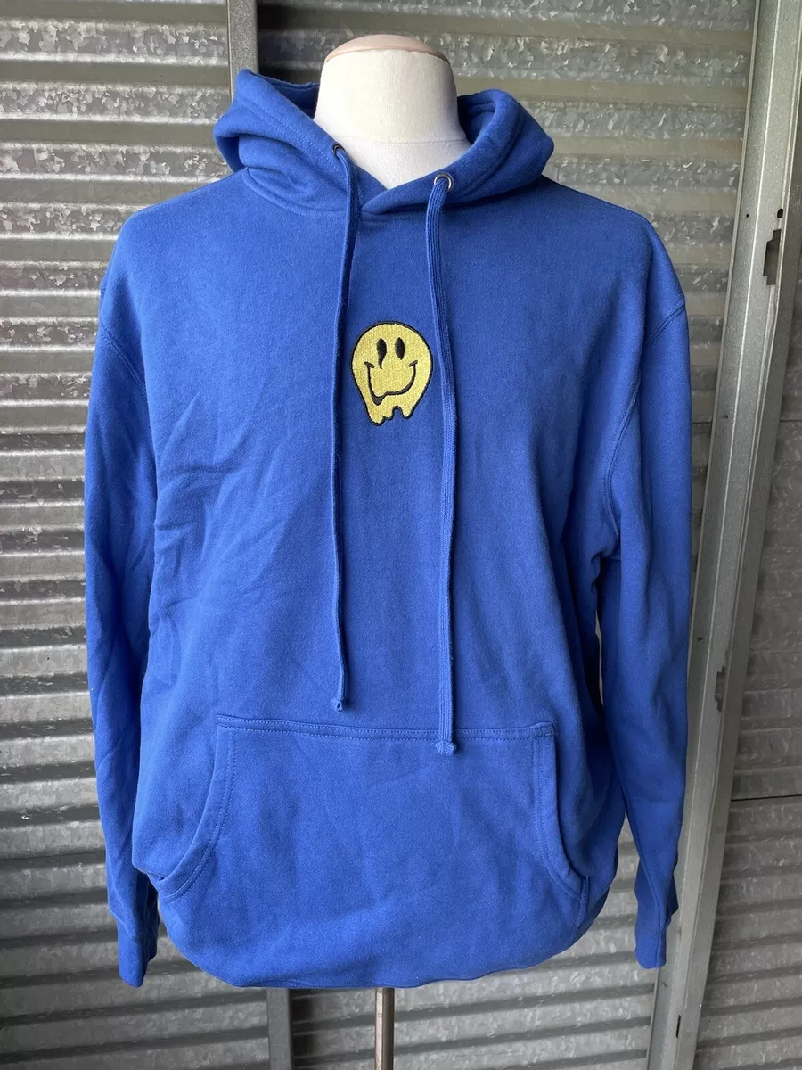 Melting Drip Smiley Happy Face Blue Embroidered Pullover Fleece