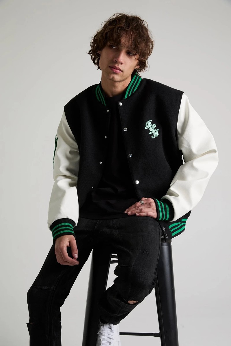 NWT $365 RTA Men's Marty Faux Leather Sleeve Varsity Style Jacket