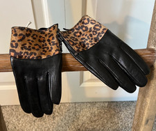 Lucky Brand Black Leather & Leopard Gloves Size S/M $68 Retail New w/Tags