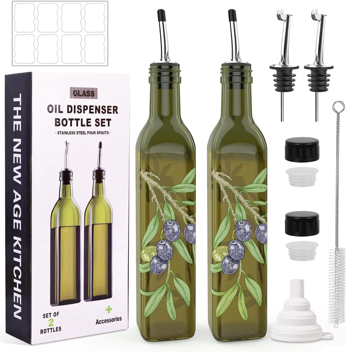 Oil & Vinegar Dispenser Set 17oz/500ML Premium Glass Olive Oil Dispenser Bottles
