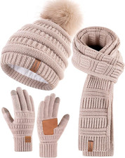 Womens Winter Beanie Scarf Gloves Set, Pom Pom Hat with Warm Fleece Lined Long K