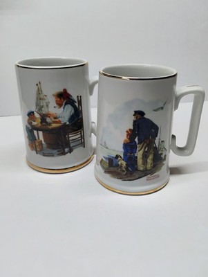 2 Norman Rockwell Porcelain Tankard Mugs 1985 Long John Silver's 