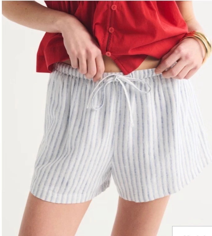 Abercrombie & Fitch Linen-Blend Pull-On Short Blue/White Stripe Sz Large Ret $55
