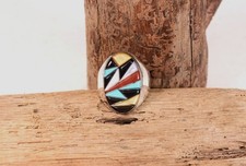 Antique Navajo Sterling Silver Ring with Multi-Stone Oval Inlay Size 11.25