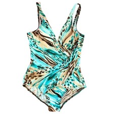 Miraclesuit One Piece Swimsuit Women Blue Tan Brown Abstract Animal Print V Neck