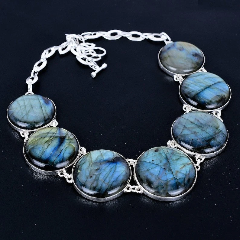 Collar Joyería Plata Esterlina 925 Hecho a Mano Piedras Preciosas Labradorita Azul Fuego 18" Foto 4 de 4