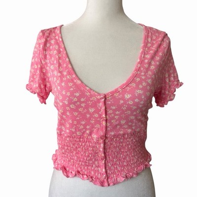 Pacsun PAC Cares Women s Medium Crop Top Vneck Ditsy Floral Pink Shirt Tee Cute
