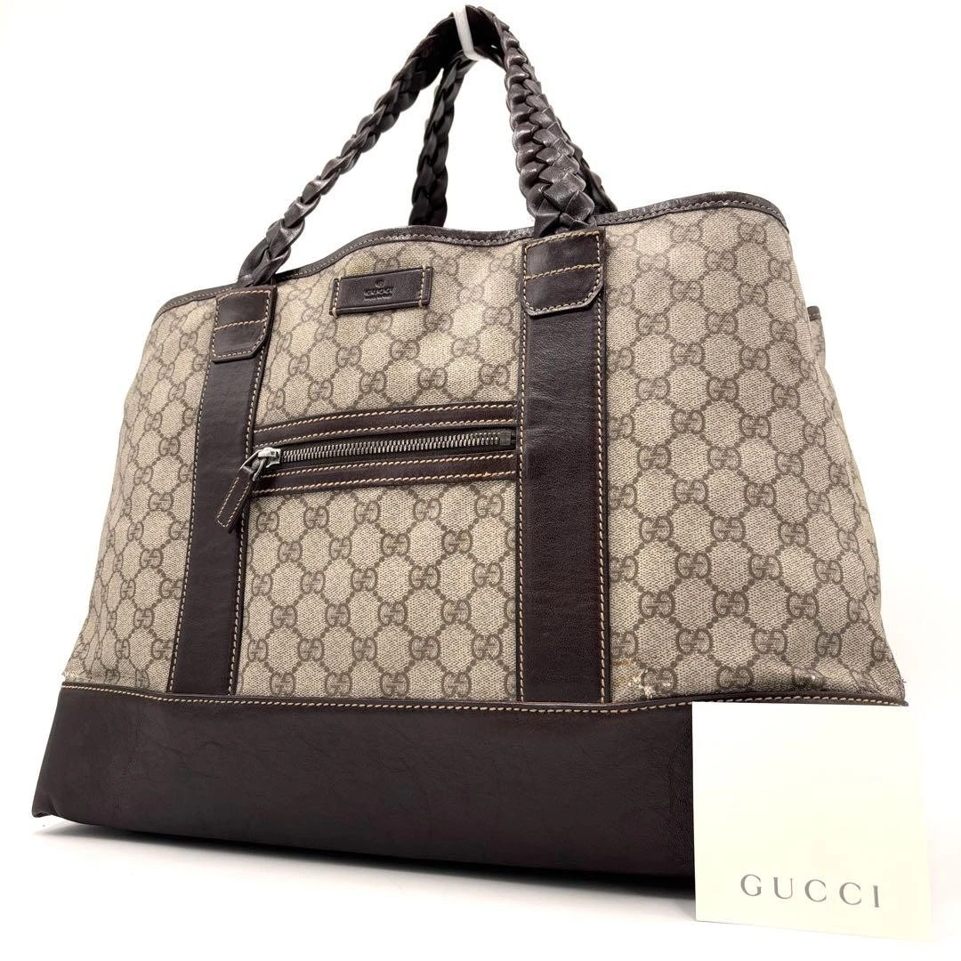Sac fourre tout Gucci GG Supreme en cuir tressé logo marron occasion
