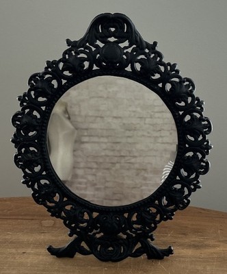 Black Cast Iron Easel Mirror Round Freestanding Tabletop Dresser Vintage