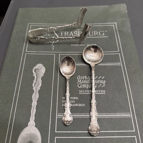 3 pc Gorham Strasbourg Silver asparagus tongs, short and long  chocolate spoons