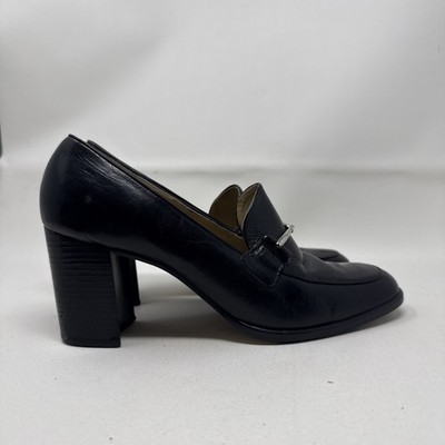 Vtg Y2K Apostrophe Black 3  Chunky Heel Loafers Women s Size 9M ~ Brazil Early00
