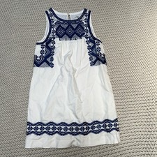 Madewell Women's S Stitchtake Blue Geometric Embroidered Linen Blend Dress White