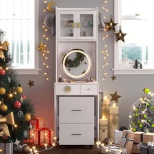 Small Makeup Vanity Desk with Mirror LED Lights, Makeup Table w/Charging Station