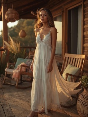 Frauenportrait langes Kleid fließend - Holzhütte - 15x20 - F63