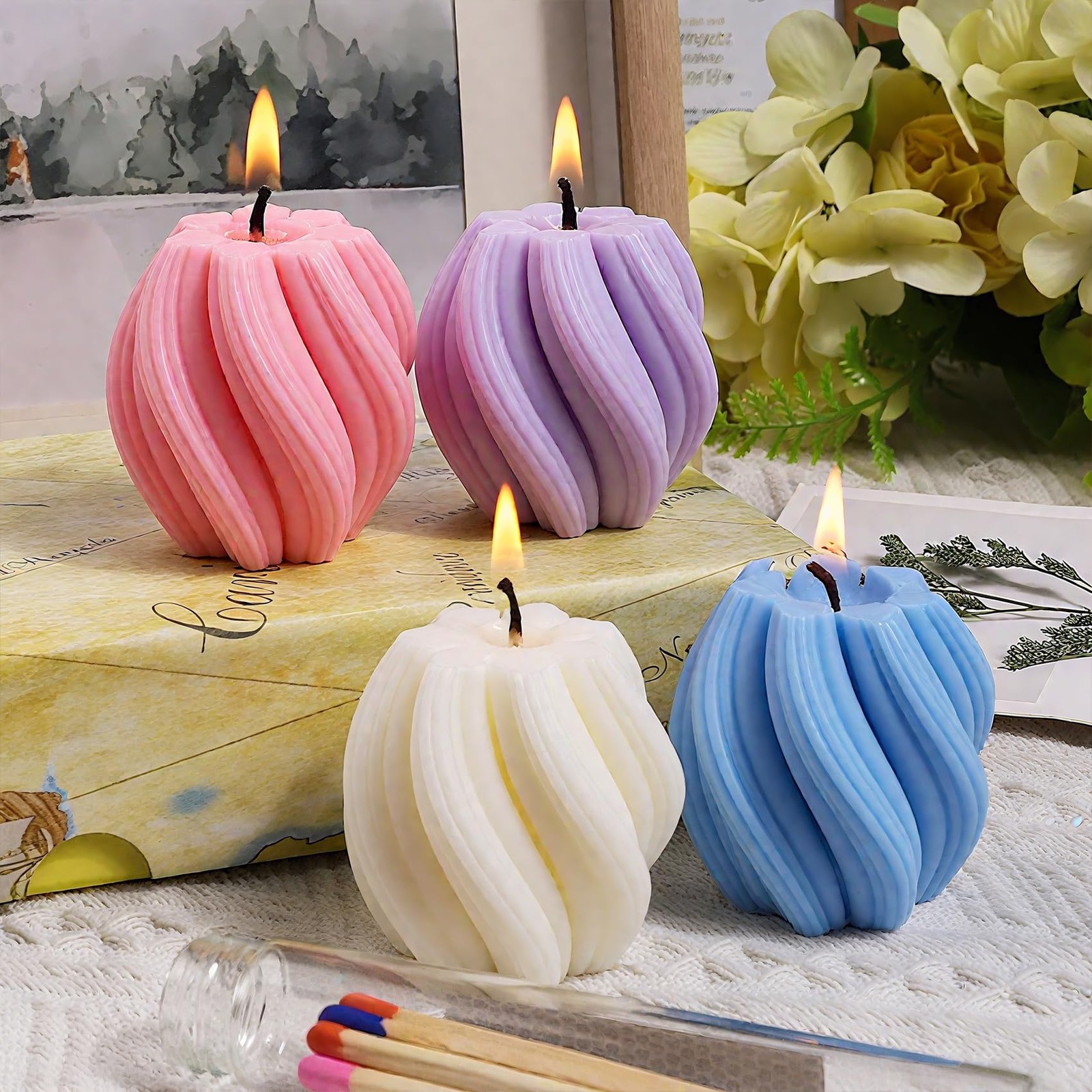 3 Pack Silicone Candle Molds with 10 Wax Cores - Wave Spiral Cylinder Shapes for
