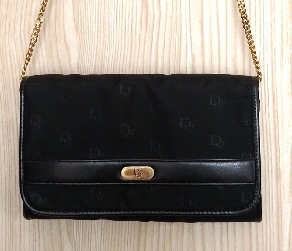Christian Dior Black Canvas Shoulder Bag Clutch with Gold Chain 2WAY Used