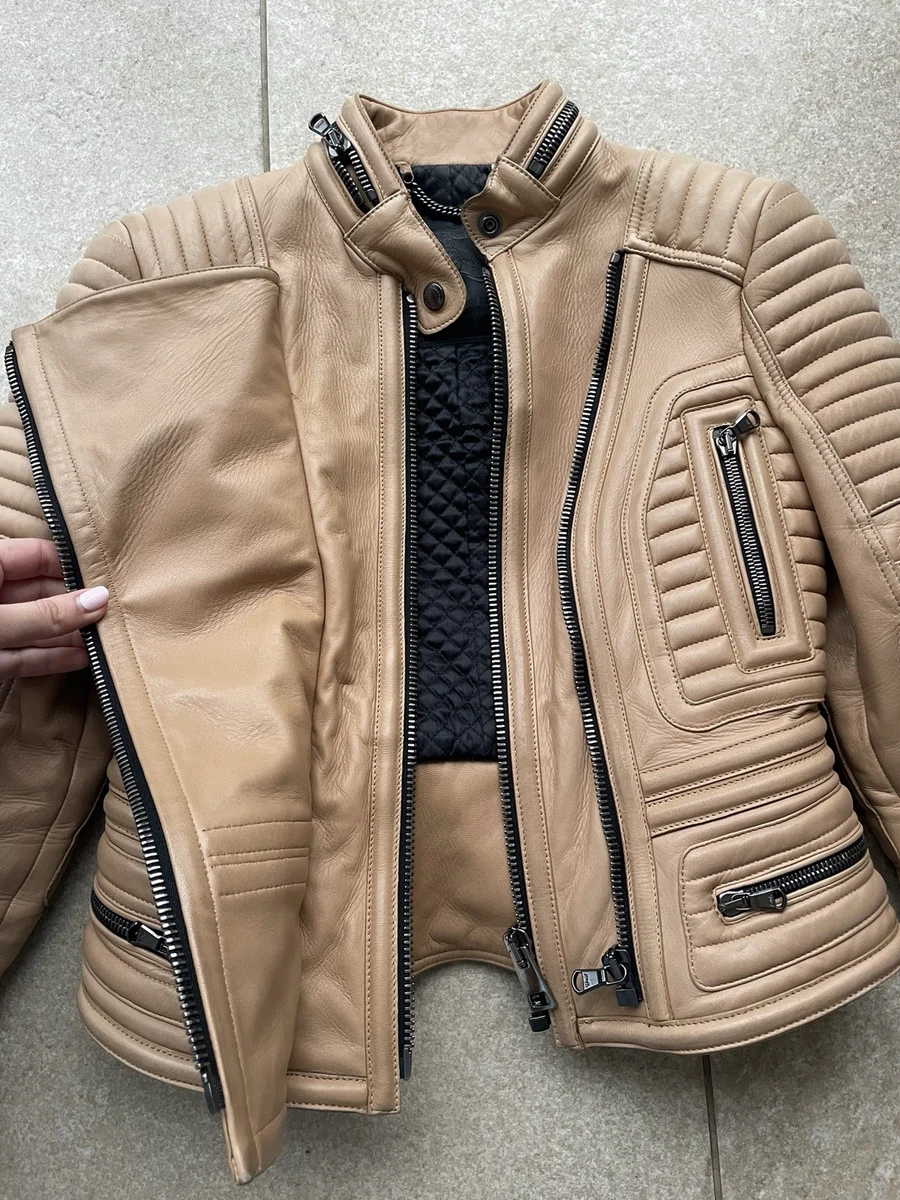 Chaqueta de motociclista acolchada de cuero beige Burberry Prorsum para mujer bolsillos con cremallera completa XS