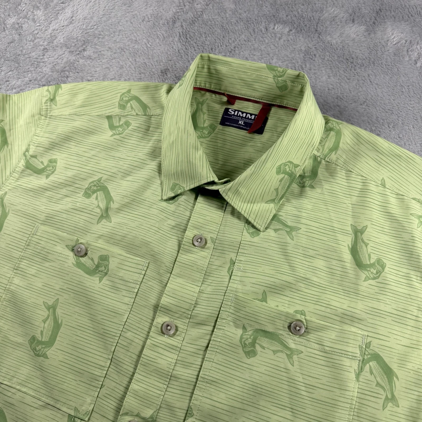 Simms Shirt Mens XL Green Fish AOP Performance Fishing Outdoor Summer Hiking