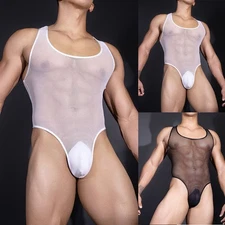 Mens Breathable See Through Mesh Bodysuit Sexy Underwear Leotard Jumpsuit
