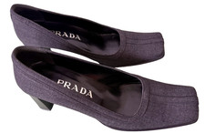 PRADA Square Toe Block Heel Shoes Pumps Dark Gray Cloth EU38 US8 VTG Y2K 90s EUC