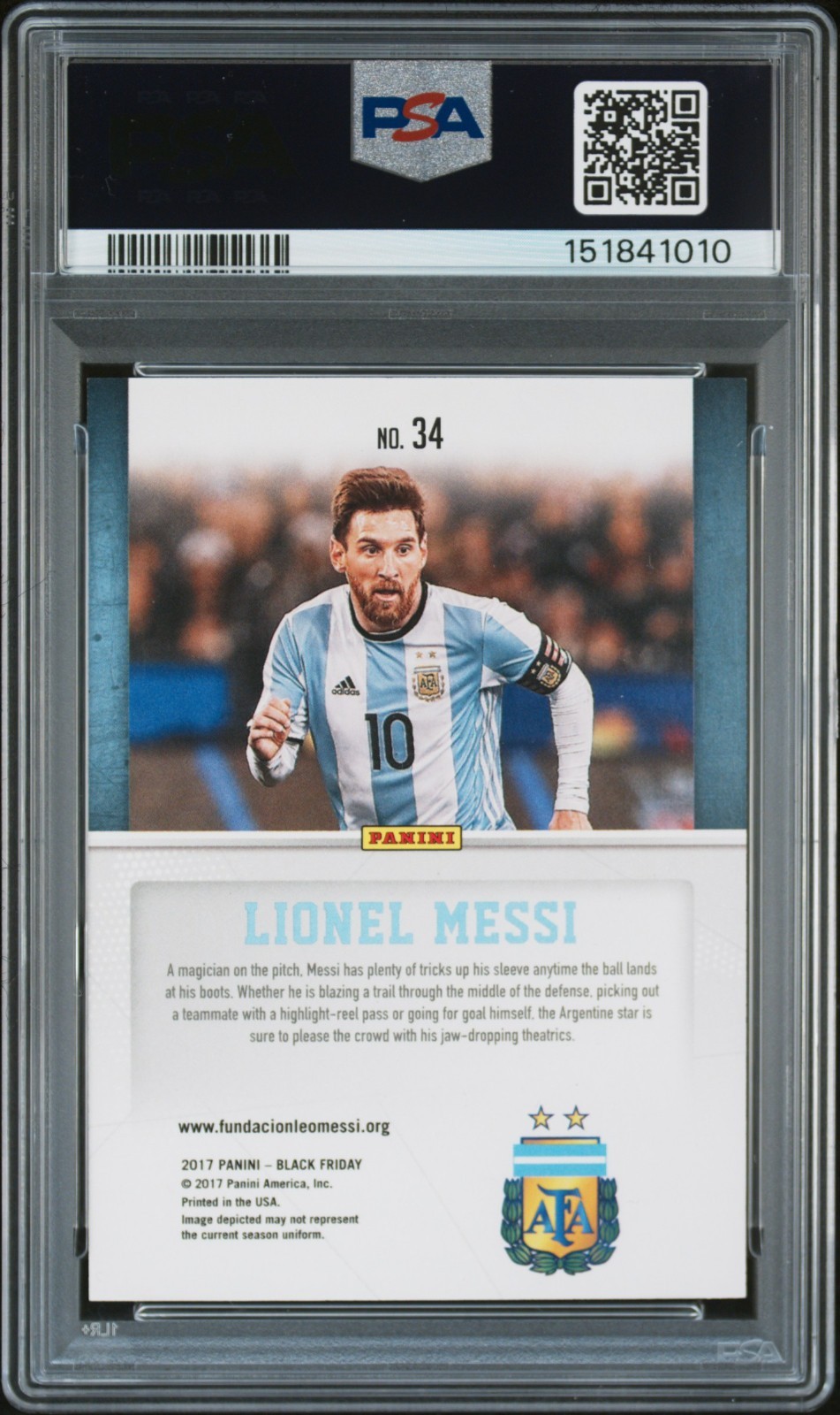 Lionel Messi 2017 Panini Black Friday #34 PSA 10 Gem Mint Argentina POP 2- GOAT view 2