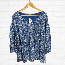 NWT Style & Co Wom Plus 2X Blue Floral Cotton Peasant Top Boho 3/4 Sleeve Blouse