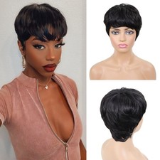 Pixie Cut Wigs for Black Women Human Hair Short Layered Straight Wigs With Bangs