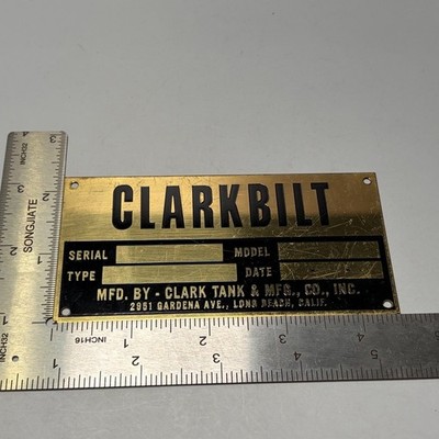 VTG Brass ClarkBilt Tank Manufacturing Tool Motor ID Plate Tag Plate Badge New