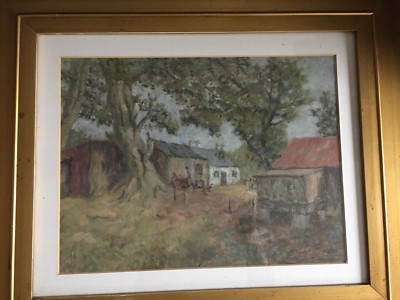 Pastell Zeichnung Landschaft Bauernhaus und Gebäude