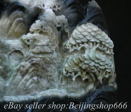 13.2" Chinese Natural Dushan Jade Carving Fengshui Mountain Tree People Statue - Picture 10 of 15