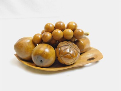 Vintage DOLPHIN Monkey Pod Bowl and 7 Pieces of Wooden Fruit NOS