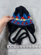 Pine Trees Beanie Toque Youth One Size Blue Knit Ear Flap Tassel Wool Poly Blend