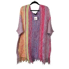 Davi & Dani Tunic Sweater Women 2XL Purple Knit Rainbow Stripe Dolman Fringe NWT