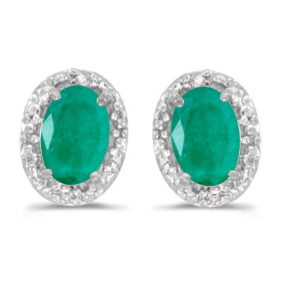 Ohrringe 14 Karat Weißgold ovale Smaragd und Diamant