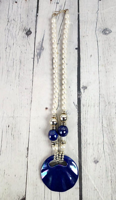 Large Faux Pearl Chunky Beach Island Style Necklace Pendant Costume Jewelry Blue