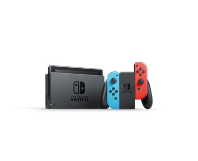 Nintendo Switch with Blue and Red Joy-Con Controllers and Mario