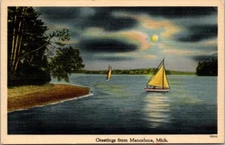 Vintage Postcard Sailboat Moonlight Greetings from Mancelona, Michigan JS3