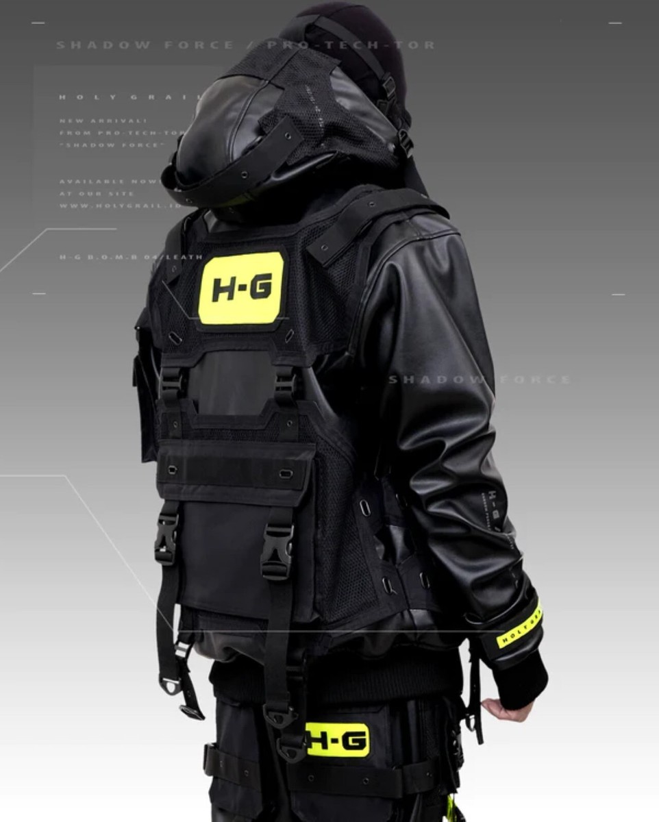 Men's Techwear Black Leather Jacket Hoodie Full Zip Buckle H-G