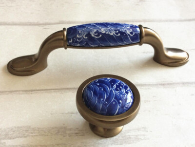 dresser knobs blue Solid Blue Ceramic Dresser Cabinet Knob Silver main image 0