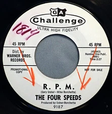 HEAR IT 60's Hot Rod Promo 45 rpm record The Four Speeds "R.P.M." from 1963