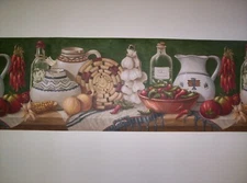 SOUTHWEST POTTERY PEPPERS ONIONS PREPASTED KITCHEN WALLPAPER BORDER # EL49011B