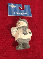 Winter Wonder Christmas Ornament Snowman Holding Present Gray Hat