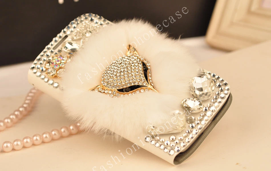 Flip Leather Card Wallet Luxury Bling Diamonds Furry Rabbit Fur Phone Case Cover - Image 4 of 4