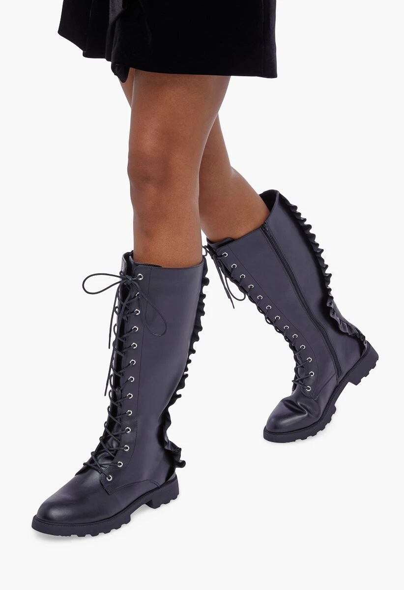 Shoe Dazzle Size 9 Davenport Ruffle Deatil Flat Riding Black Faux Leather Boots