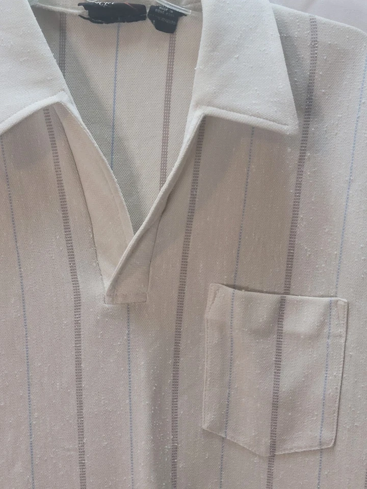 Polo de Colección Robert Bruce Para Hombres XL Marfil Rayas Manga Corta Bolsillo Foto 2 de 4