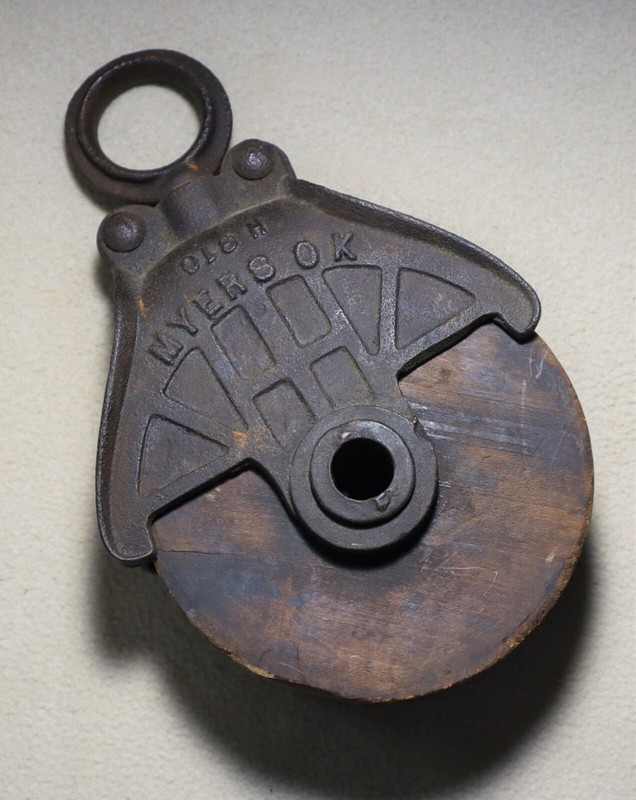 Vintage Myers OK H310/311 Primitive Cast Iron & Wood Barn Pulley ~ Farm Tool