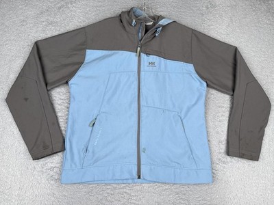 Helly Hansen Jacket Women XL Blue Brown Hood Softshell Fleece Lined Windbreaker